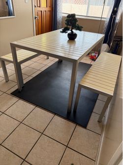Out door dining table end 2 benches