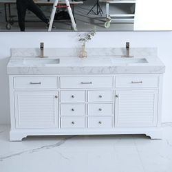 72-in White Undermount Double Sink Bathroom Vanity with White Engineered Stone Top