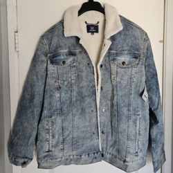 Men's Denim Trucker Blue Sherpa Flex Jacket Acid Wash Large New