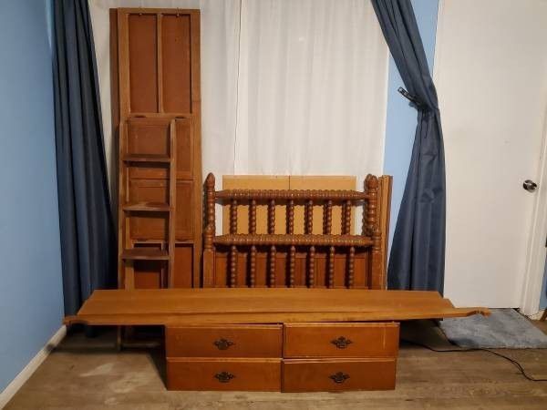 Vintage Solid Carved Wood Captains Twin Bunk Bed