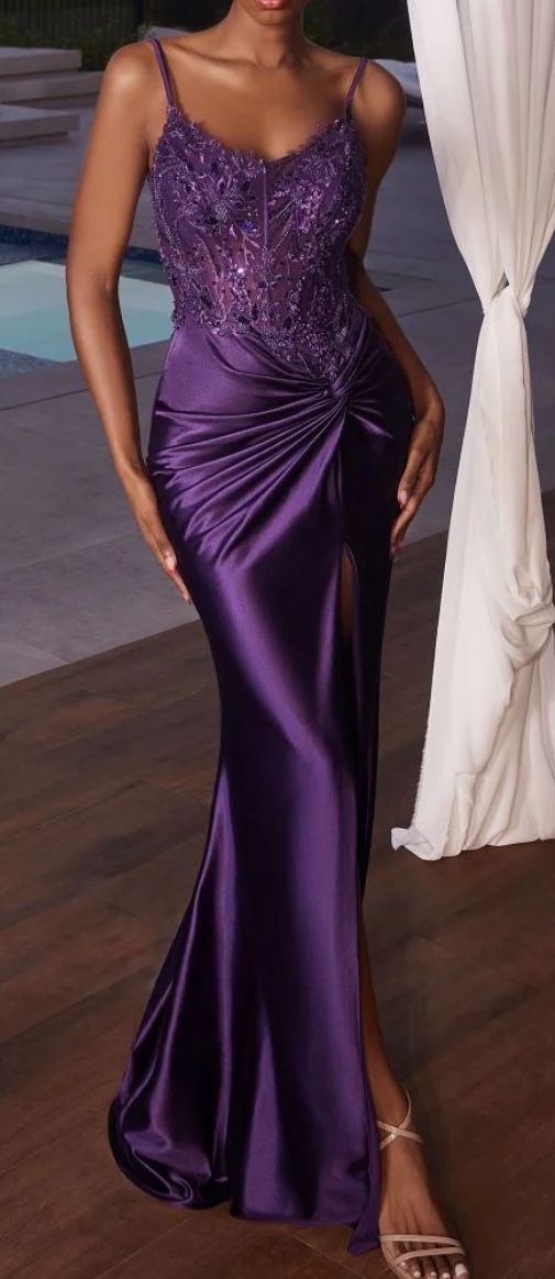 Purple Beaded Satin Sleeveless Slit Gown by Ladivine CD0176 Medium
