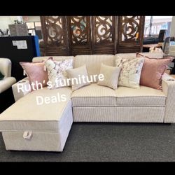 Beautiful! Sectional Sofa W/ Pullout Bed With Storage Ivory Corduroy 