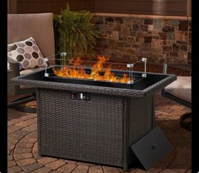 LayinSun 44" Propane Gas Fire Pit Table, 55000 BTU Rectangular Fire Pit with Glass Wind Guard for Outside Patio Deck Garden Backyard