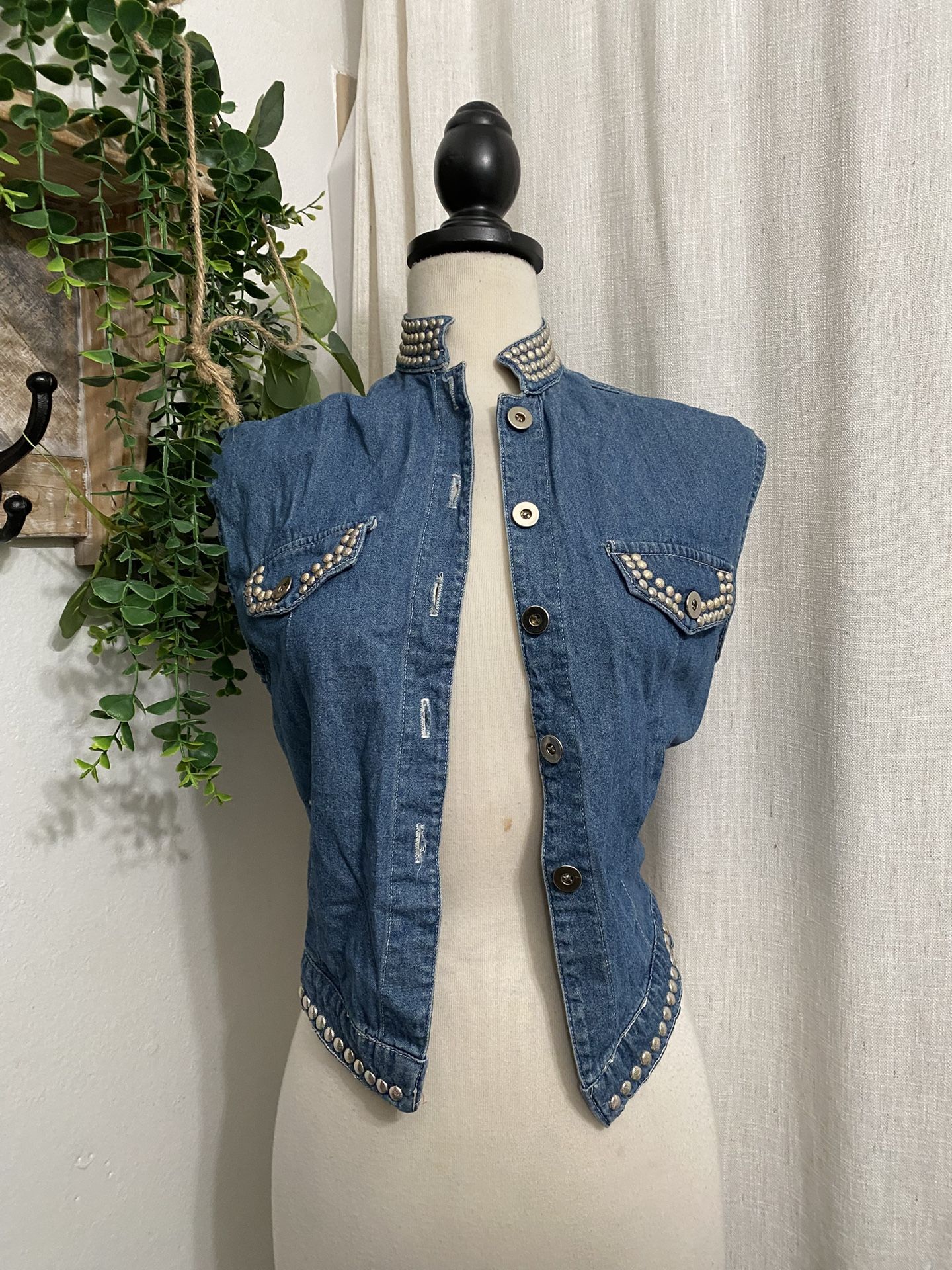 vintage embellished denim jean vest with studs
