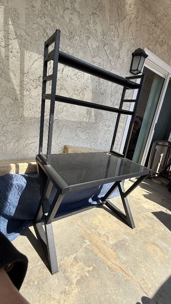 Computer Desk With Shelves and Glass Table Top