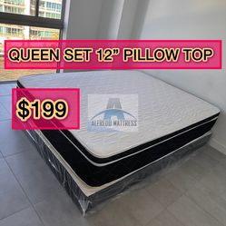 Queen mattress pillow top set with box spring (2pc - new)