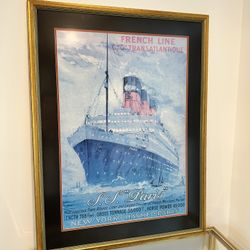 Large 30x40 Framed SS Paris French Line Travel Poster - Art Deco Nautical Decor