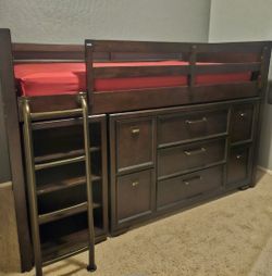 Brown  wood, twin loft, bed, dresser, and bookcase