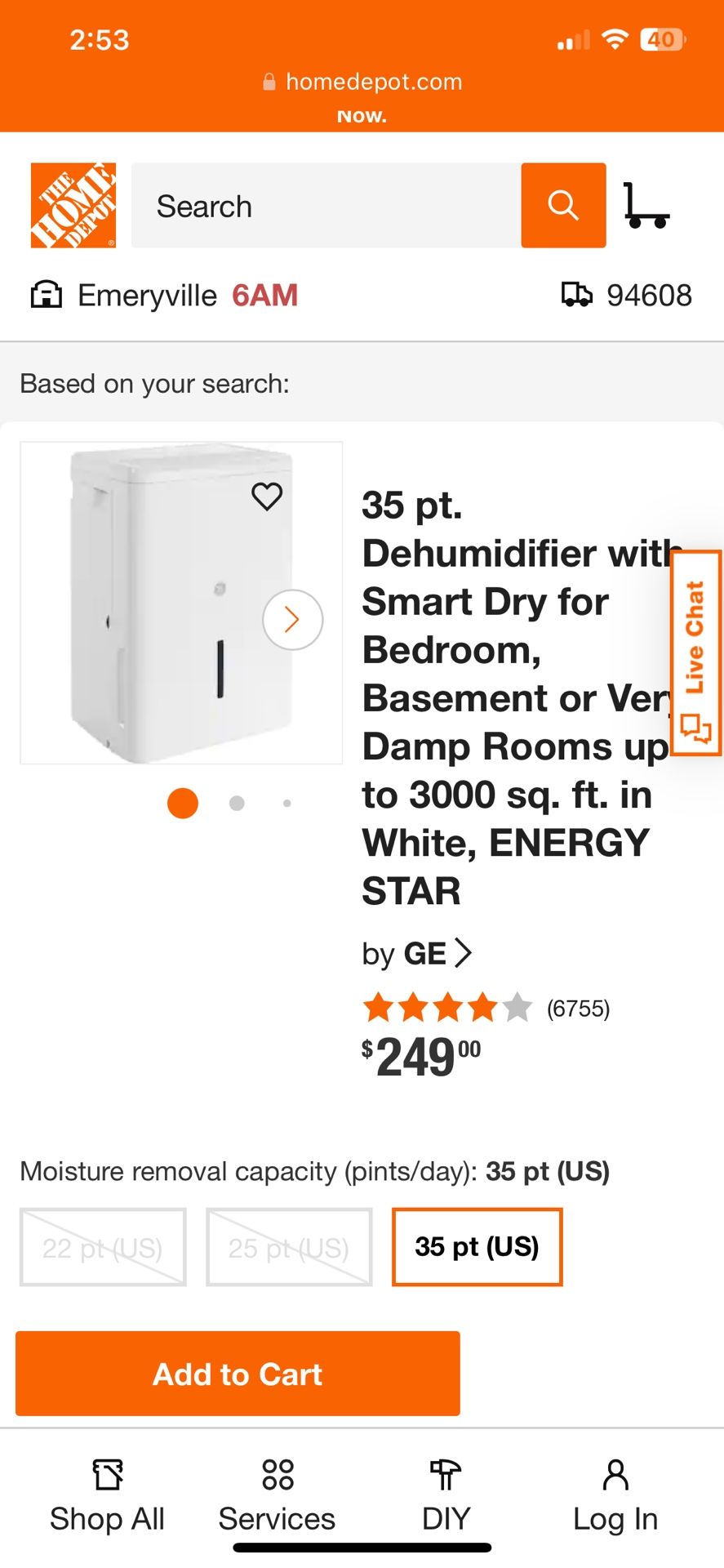 35 PT GE Brand Smart Dehumidifier 3000 Sq. Ft