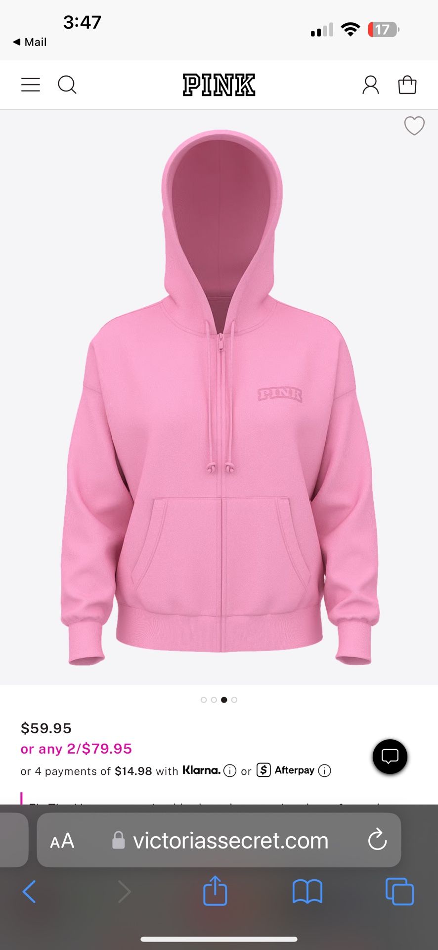 PINK IVY FLEECE CAMPUS FULL-ZIP HOODIE Size Large