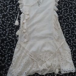 Misa LA Marieta Eyelet Mini Dress M Side Tassel Ties Ruffled Flounce Hem white