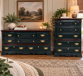 Dark Green Painted Dresser and Chest Set