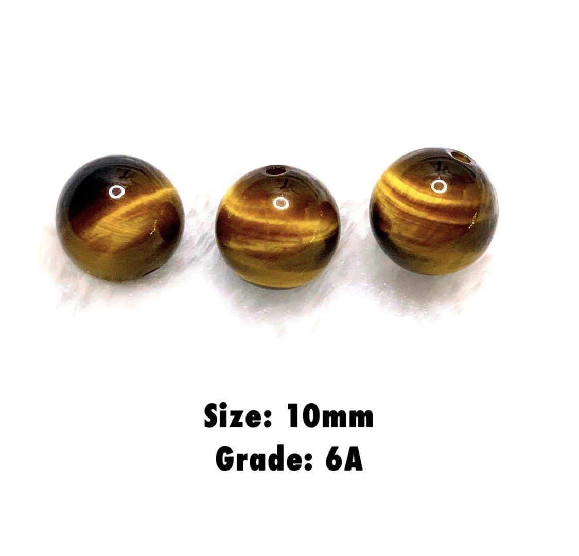 Natural Tiger Eye Yellow Brown Gemstones 10mm Grade 6A Sphere Bead (Set of 3)