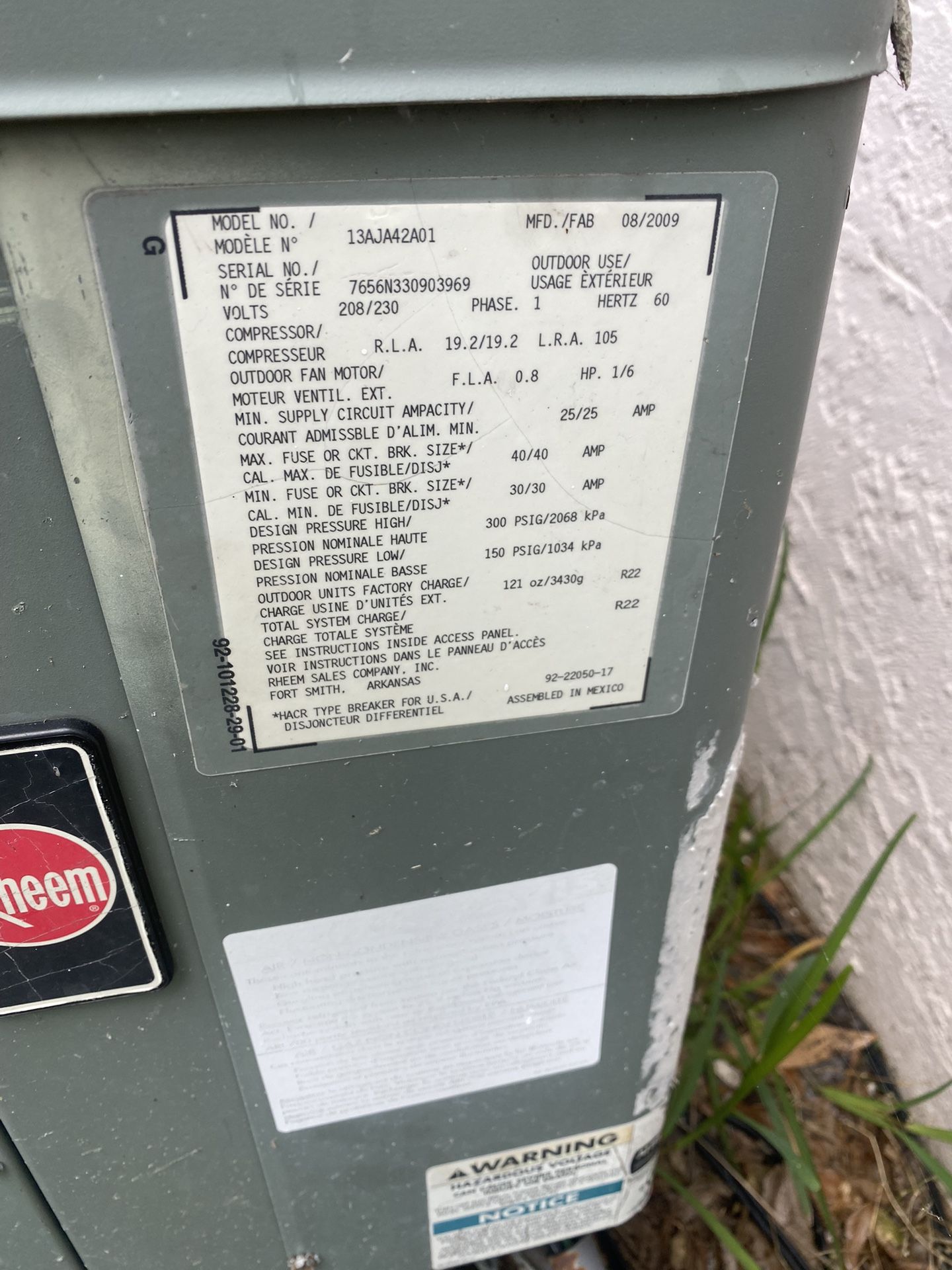 R-22 Freon Rheem 3.5 Ton Ac Air Conditioning Condenser Works Great