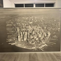 vintage-style aerial photograph of Lower Manhattan, New York City.