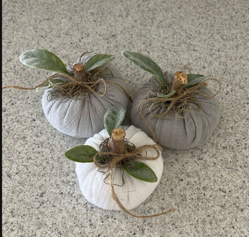 Farmhouse Fall Home Decor Halloween (3) Fabric Pumpkins Gray & White! ( OCOTILLO & COOPER
