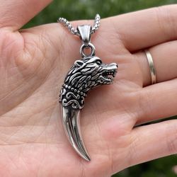 Mens Viking Wolf Head Tooth Teeth Pendant Necklace Stainless Steel Chain