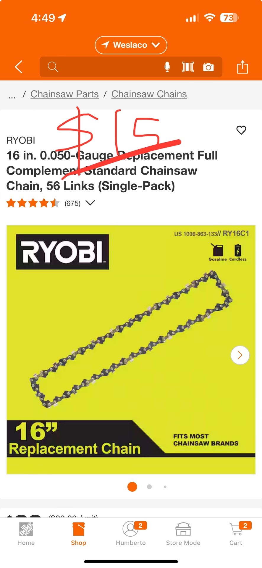 RYOBI 16 in. 0.050-Gauge Replacement Full Complement Standard Chainsaw Chain, 56 Links (Single-Pack)