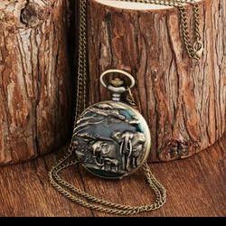 Antique Bronze Crane Elephant Quartz Pocket Watch, Analog Clock Round Dial Pocke