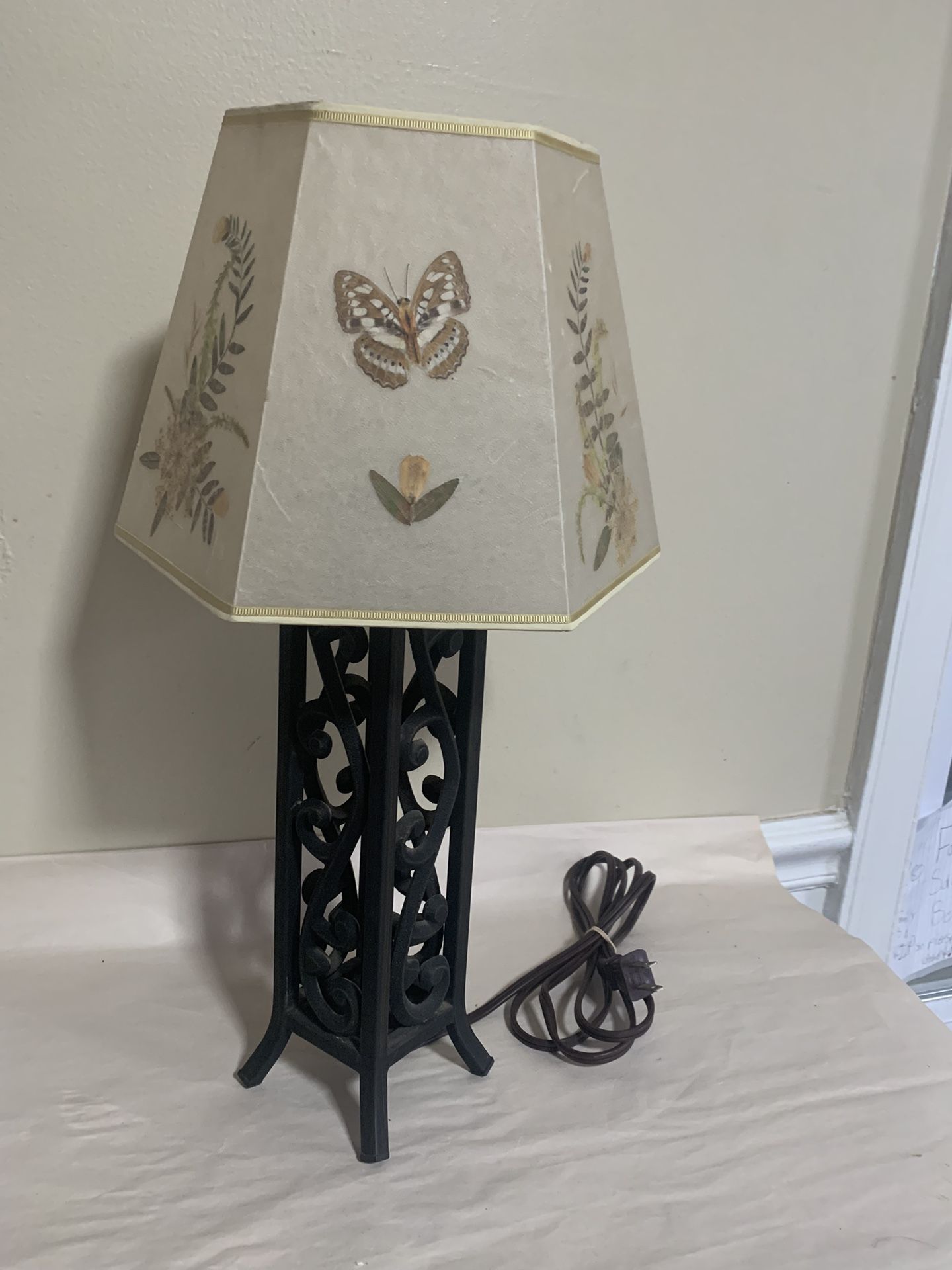 Rustic Metal Table Lamp Botanical Pressed Flower Butterfly Shade Cottage Decor