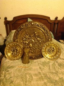 Vintage brass wall plaques and water pitcher from england