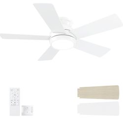 42 Inch White Ceiling Fans with Lights and Remote, LED Low Profile Flush Mount Ceiling Fan for Bedroom, Living Room, Patio, Quiet DC Motor, 5 Blades
