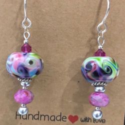 ARTISAN LAMPWORK EARRING - 925 STERLING SILVER DANGLE MULTICOLOR RONDELLE BEADS