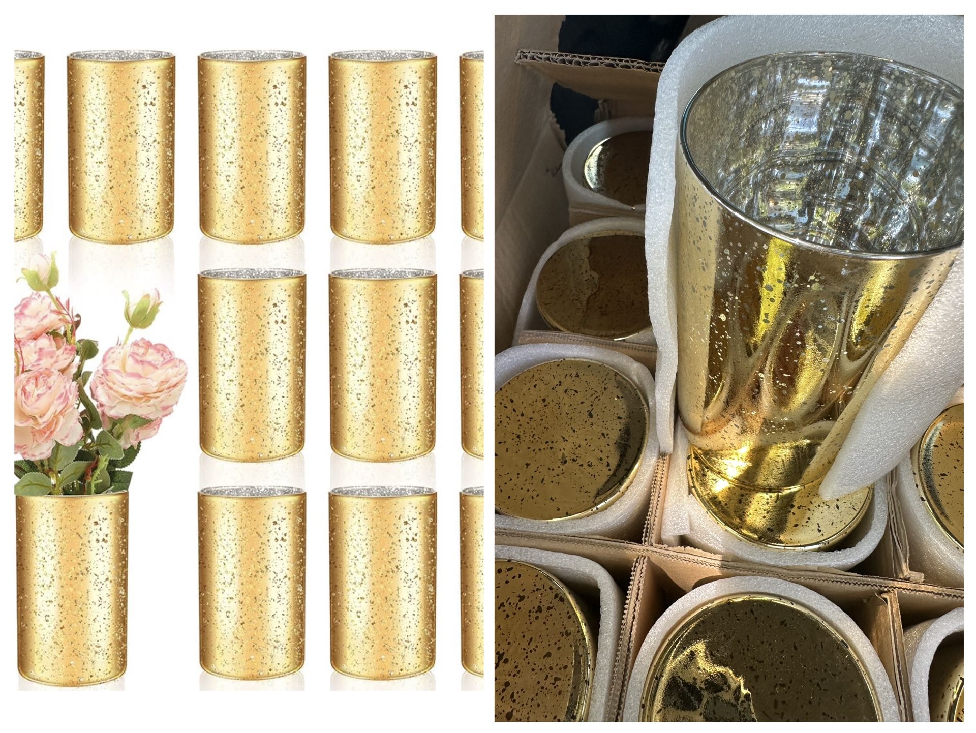 12 Pcs Speckled Gold Cylinder Vase Mercury Glass Gold Votive Candle Holder Wedding Table Centerpiece for Flower Tealight Wedding Table Decor Gift(6 x