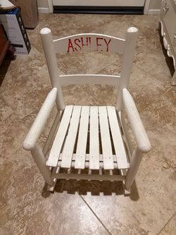 Vintage Shabby Chic Farmhouse Style Wooden Child’s Rocking Chair With Name Ashley
