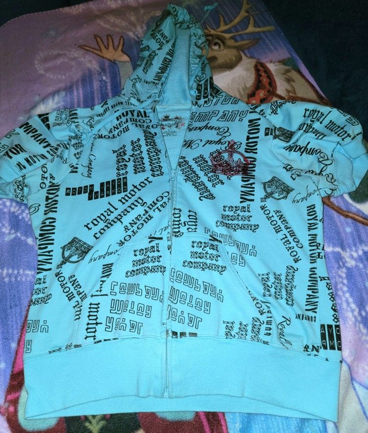 Blue Graphic Print Cropped Hooded Jacket 