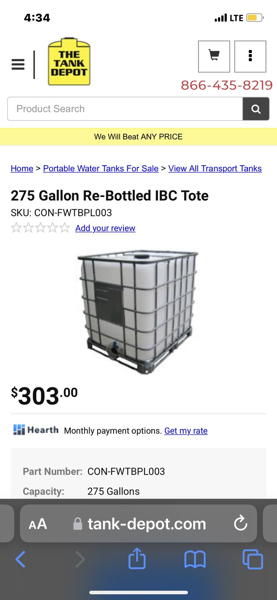 275 Gallon Water Tank