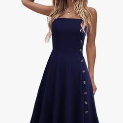 Women's Casual Summer Beach Flattering Flowy A-Line Spaghetti Straps Solid Cotton Button Down Midi Sundress (Womens Small)