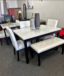 Beautiful! 5-pc dining table set white faux marble table top
