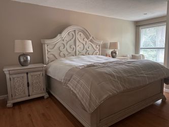 Antique White Wood Cali King Bed with Ornate Headboard