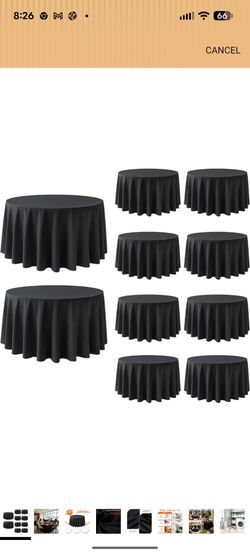 10 Pack Round Tablecloths 120 Inch Black for 48"-96" Table
Wrinkle Resistant, Washable Table Cloth, Polyester Fabric, For Party Banquet Wedding Buffet