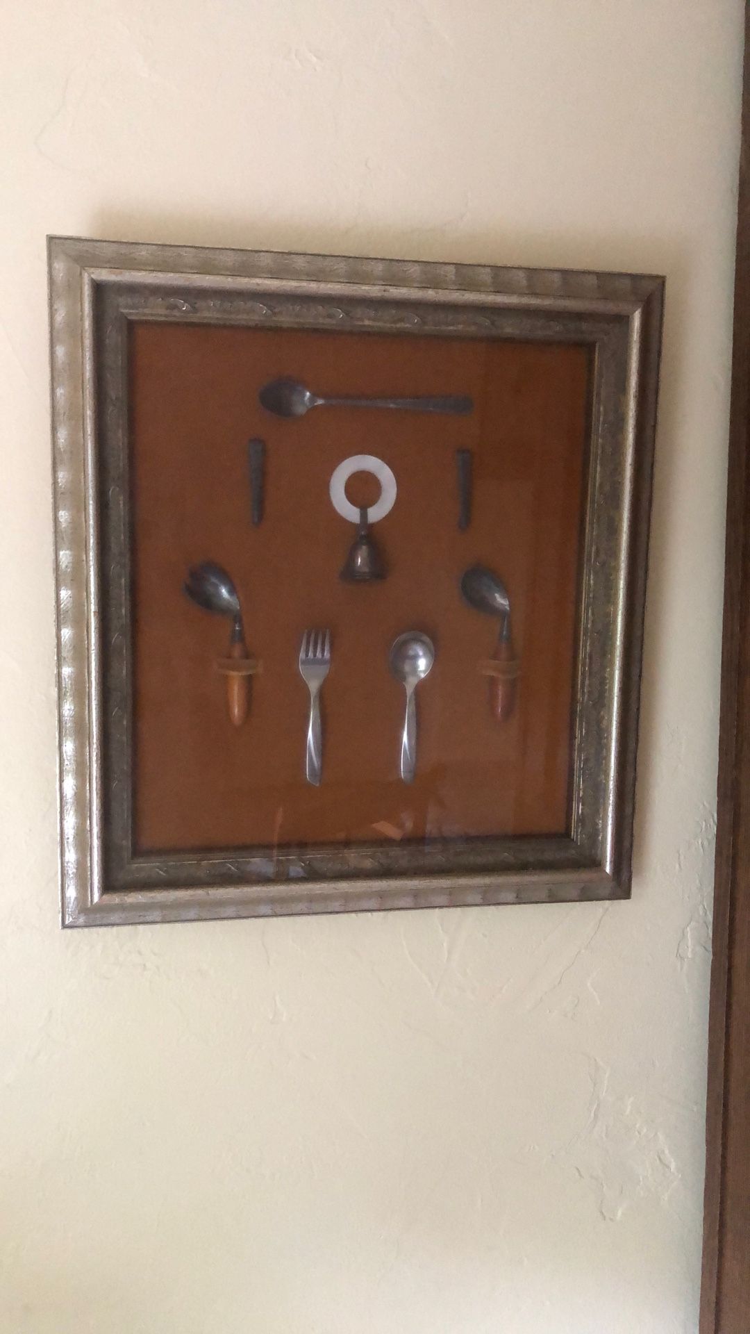 Framed Vintage Baby Utensils And Rattle