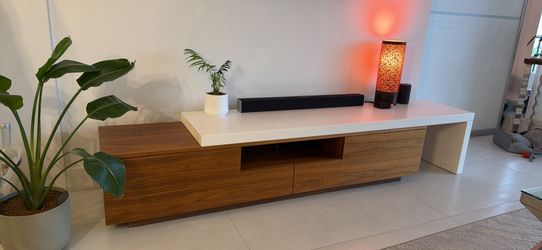 Extendable Modani TV Console, White & Walnut Media Unit “80 - 130”W x 22”H