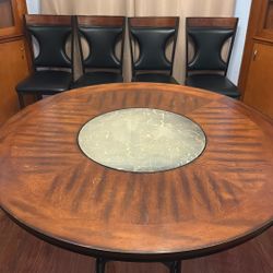 Modern Round Dining Table Set with Rotating Stone Inlay + 4 Chairs