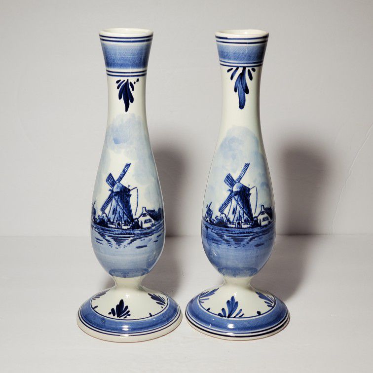 2 Vintage Delft Blue Bud Vases 10"