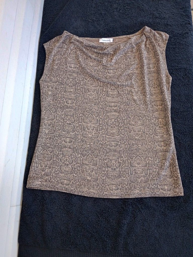 Calvin Klein jerseyn knit draped neck blouse Sz M bronze metallic reptile print