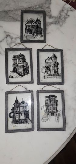 Vintage 1972 Handmade Reverse Glass Paintings - SF Victorian Houses (Set of 5)