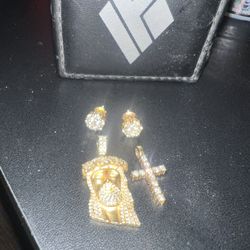 Ifandco Jesus Piece, Diamond Cross And Earrings 14k