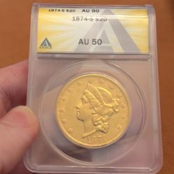 1874 S $20 Liberty Gold Double Eagle ANACS AU50 