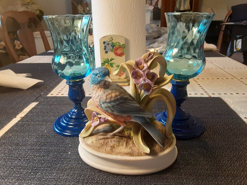  REALLY UNIQUE LOOKING  CANDLE HOLDERS and  BLUE  BIRD  GREAT CONDITION all  3 of Them 