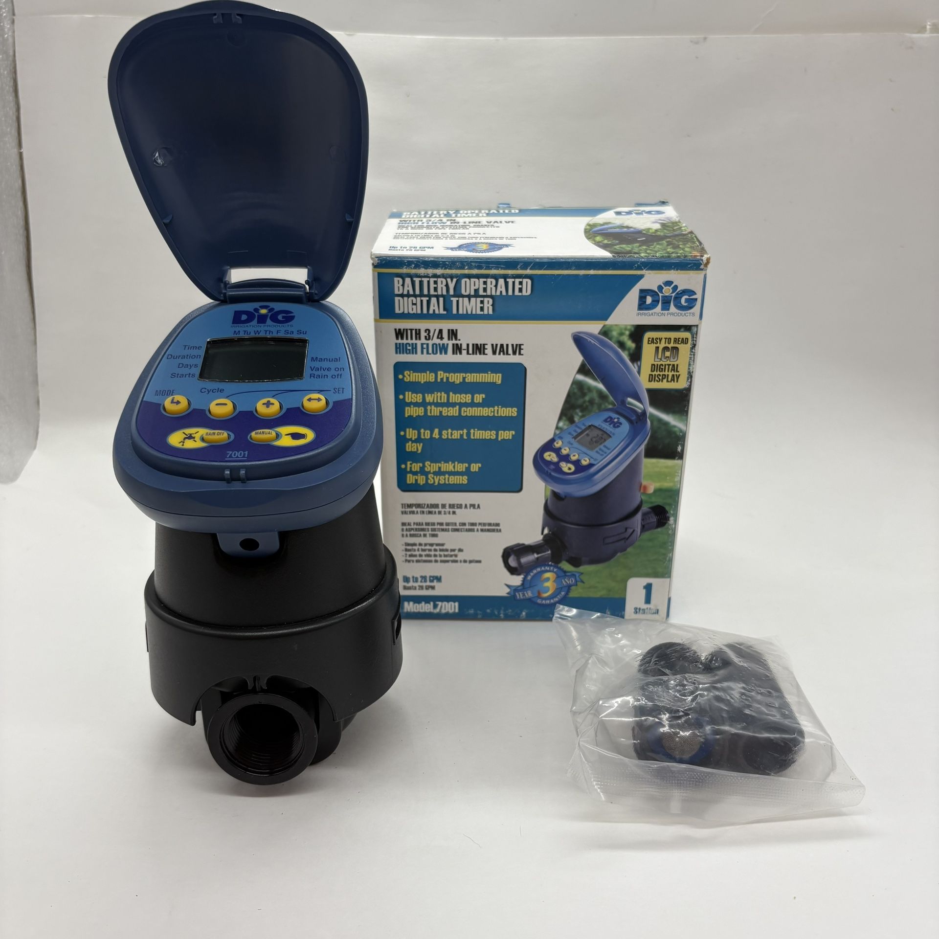 Dig RBC 7001 Battery Powered Irrigation Timer with 3/4 inch Inline Valve - NOB