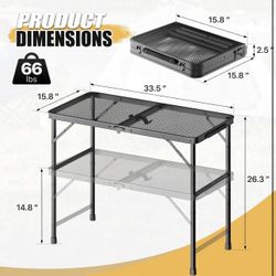 Folding Grill Table, Aluminum Camping Table Adjustable Height Outdoor Table, Lightweight, Portable Handle for Travel Cooking BBQ Picnic