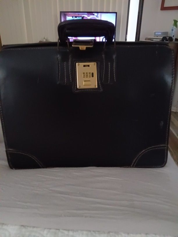 large Black Leather Combination Lock Brief Case Old School