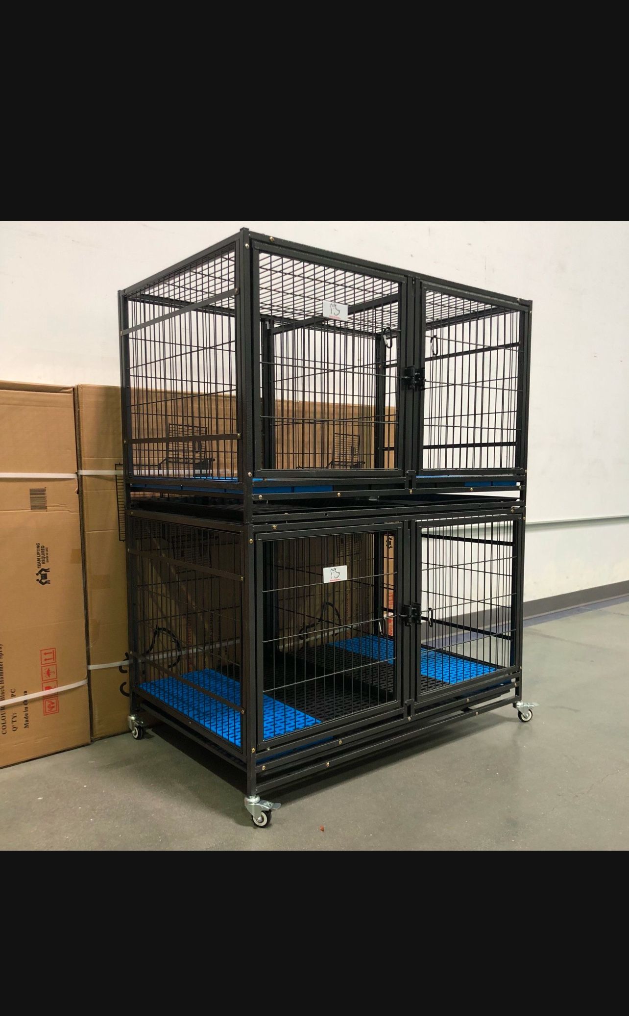 Double Stacked Dog Pet Cage Kennel Size 43” With Divider Feeding Bowls Trays And Wheels New In Box 📦