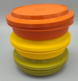 Vintage Tupperware Servalier Bowls with Lids - Set of 3 (Orange, Yellow, Green)
