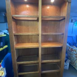 Tall Oak Double Bookshelf- Lighted With 8 Adjustable Glass Shelves